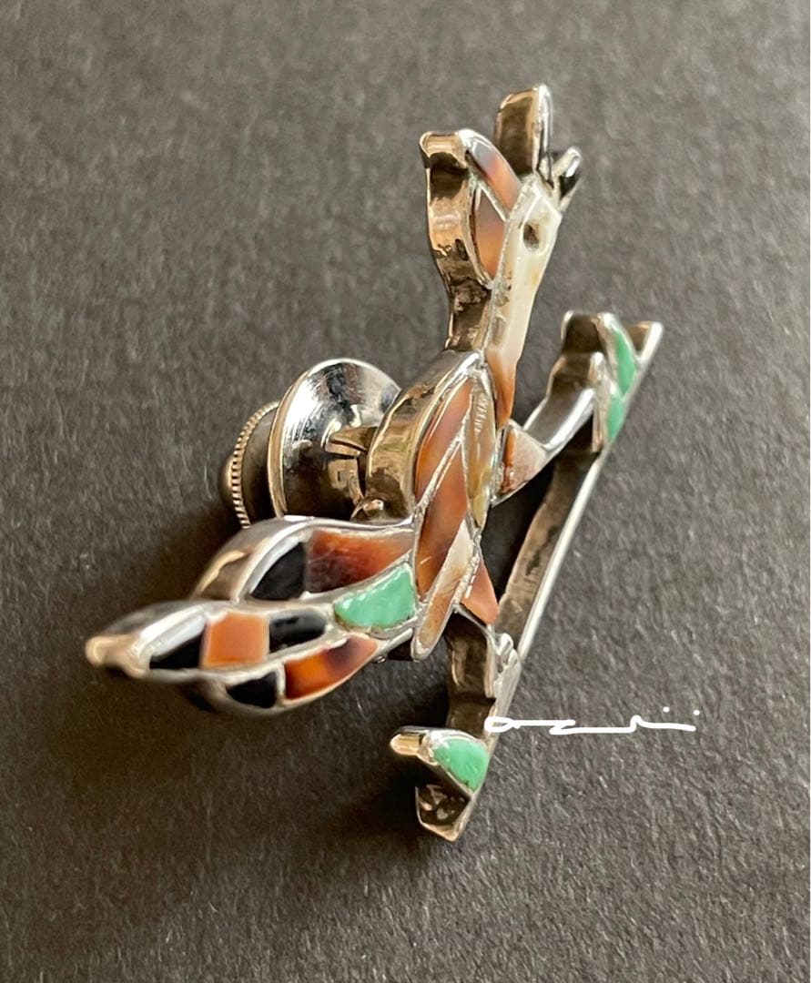 ヴィンテージ ズニ族 インレイ 鳥 ブローチ シルバー マルチストーン