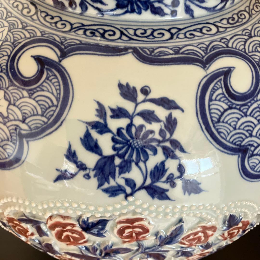 X*a様 中国美術　青花紅秞貼花花卉文壺