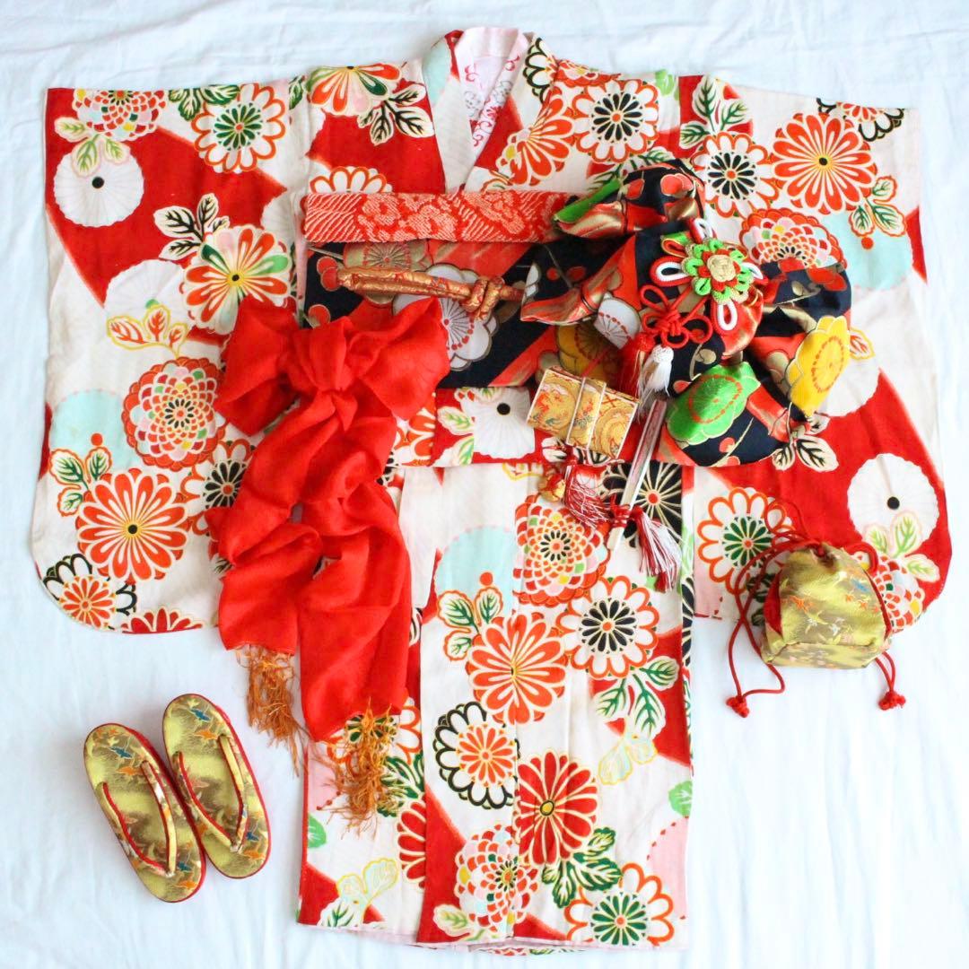 七五三 5歳 7歳 女の子 子供 アンティーク 着物 つくり帯 セット