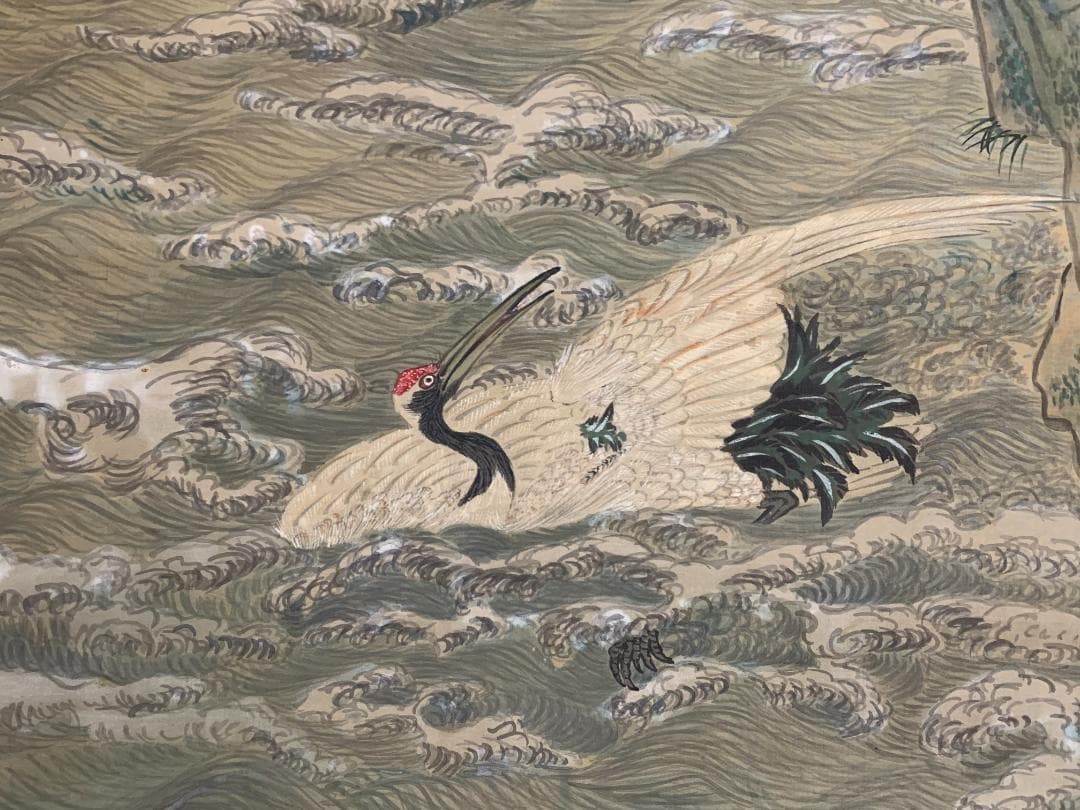 椿椿山 舞鶴旭日香海桃秀 絹本 肉筆 掛軸 南画家 渡辺崋山師事 7548