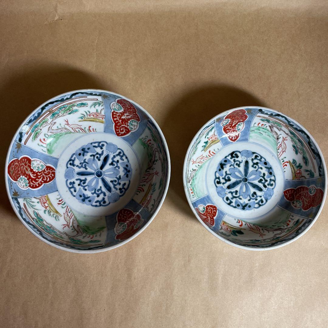 鉢2点　【m142 二重高台　伊万里　骨董　レトロ　深鉢　呉須色絵　染付】