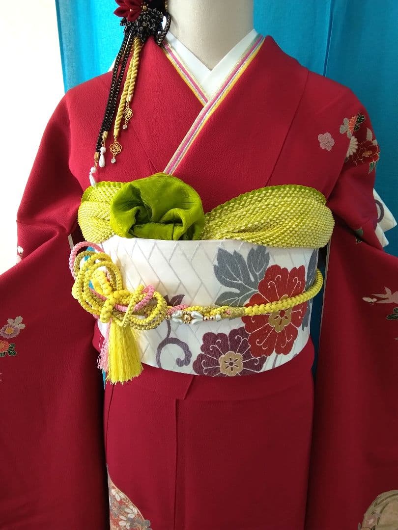 振袖フルセット、鈴乃屋振袖、成人式、重ね衿、帯揚げ帯締め、唐織袋帯、ガード加工