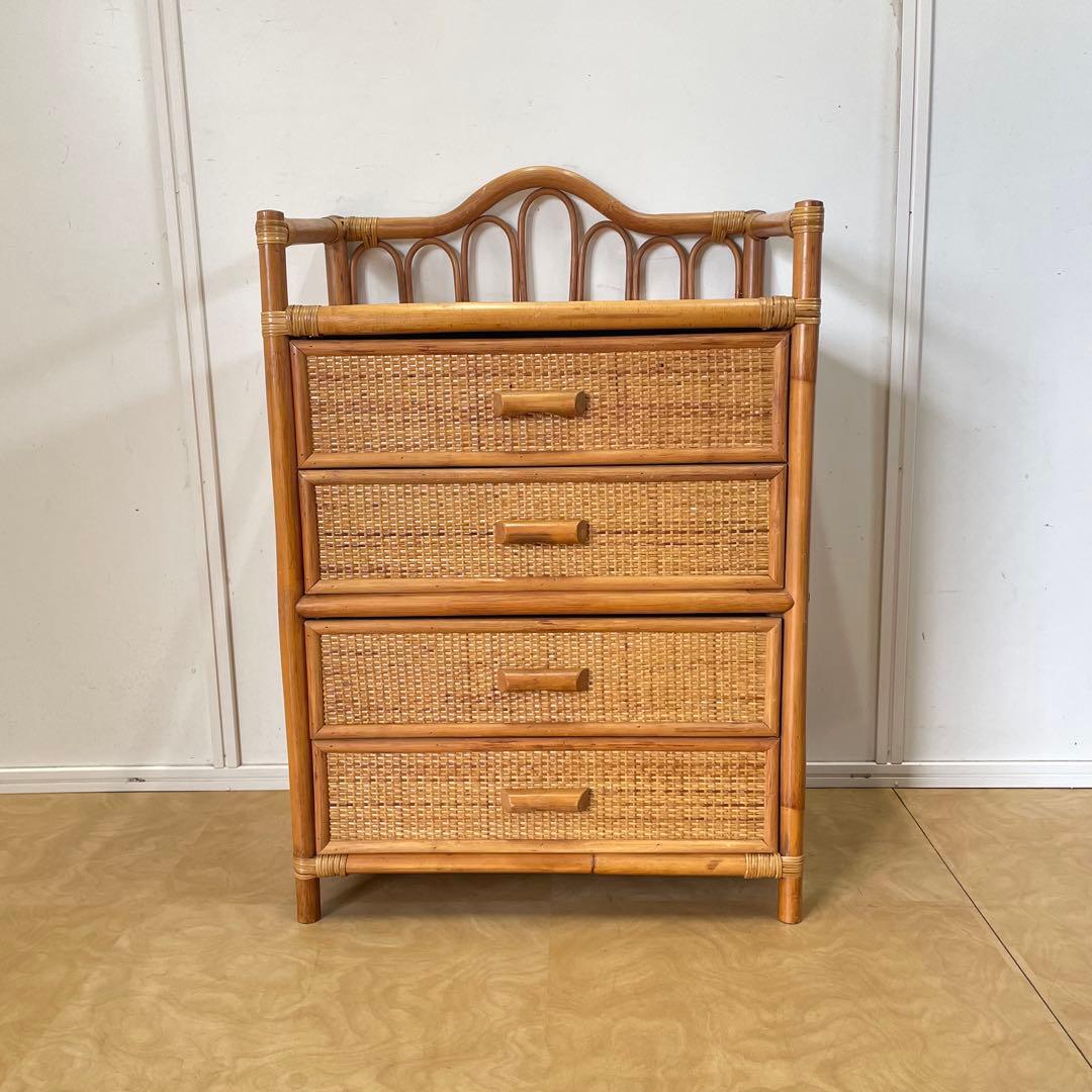 ビンテージ 籐 ラタン 4段チェスト 引き出し 収納 タンス 電話台