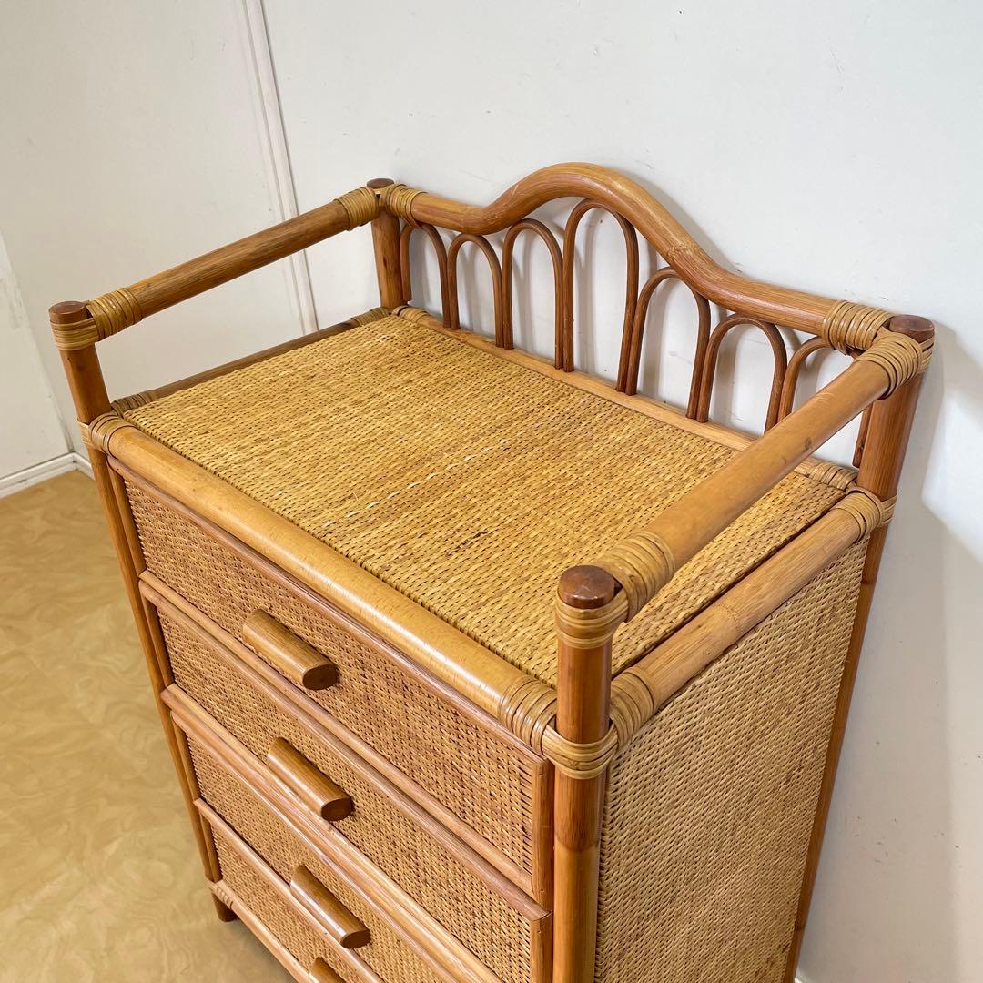 ビンテージ 籐 ラタン 4段チェスト 引き出し 収納 タンス 電話台