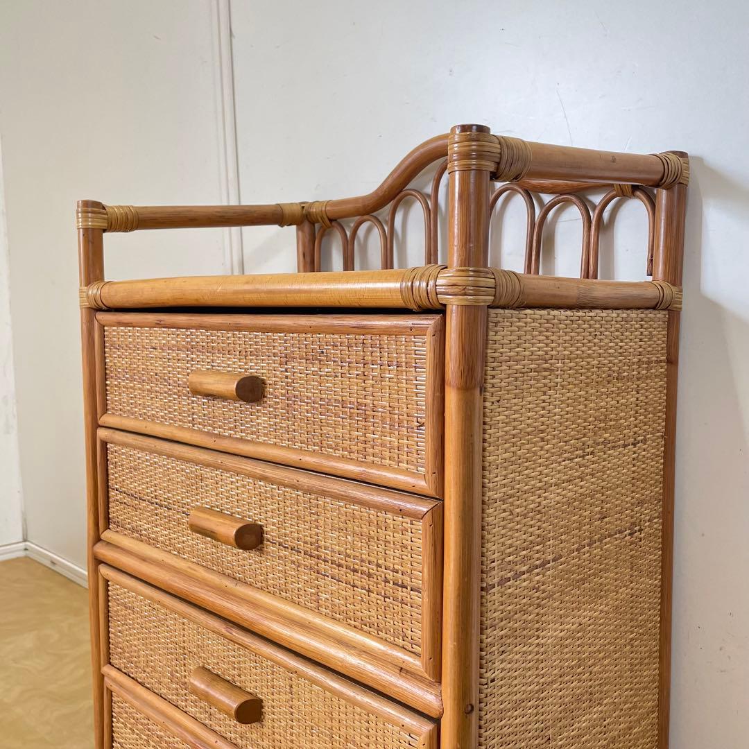 ビンテージ 籐 ラタン 4段チェスト 引き出し 収納 タンス 電話台