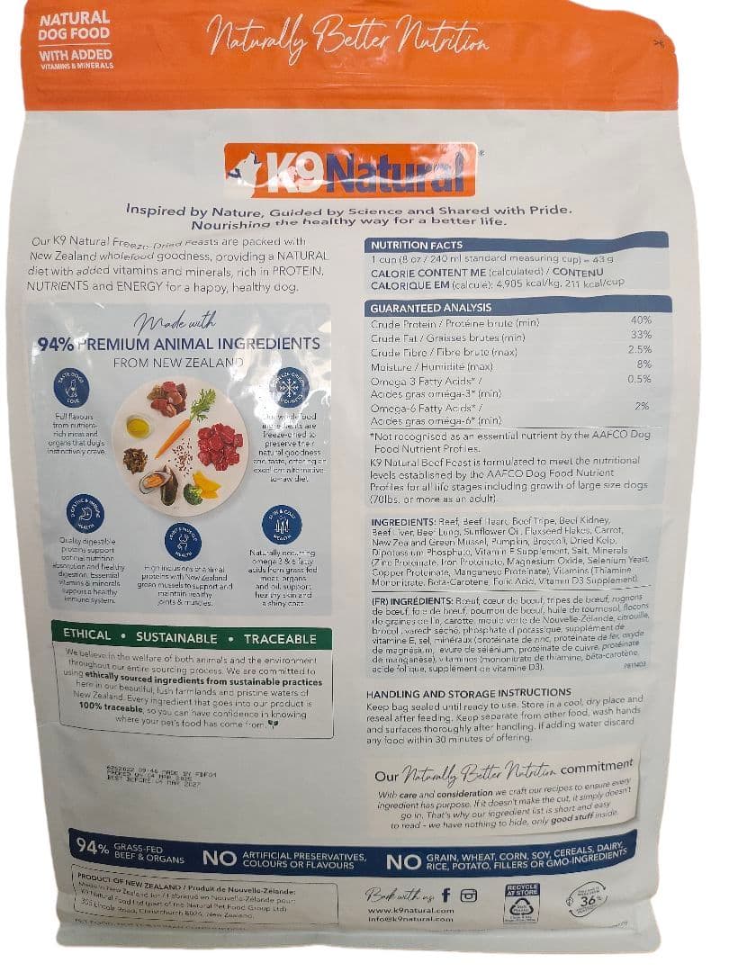 K9 Natural ビーフ フィースト 3、6Kg