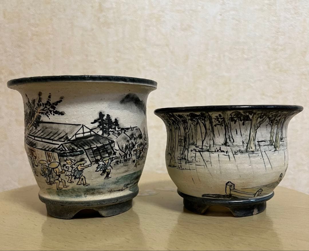 陶翠作　東海道五拾三次画　盆栽鉢