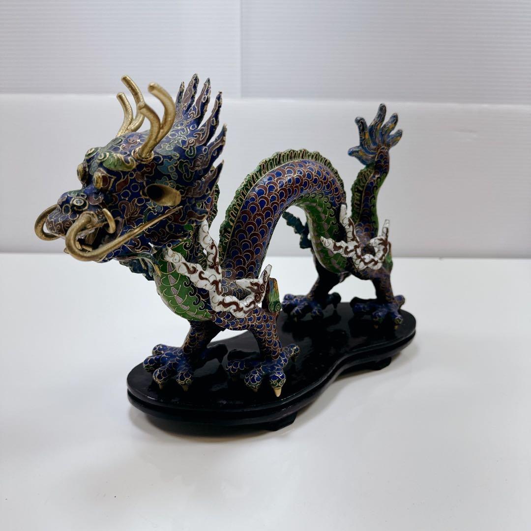 k649 中国 ドラゴン 龍 竜 七宝焼 飾台付 置物 オブジェ 珍品 五本爪