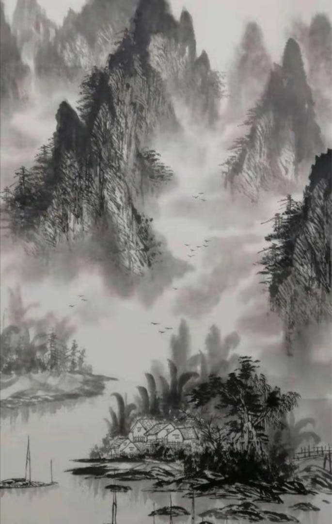 中国の水墨画、盧景春 肉筆漓江煙雨 掛け軸 大幅 名品绘画 。