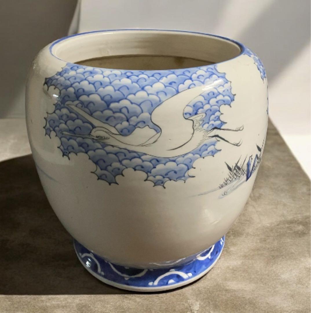 旧家蔵出し品　古伊万里　火鉢　瑞雲　空を舞う鶴　灰付