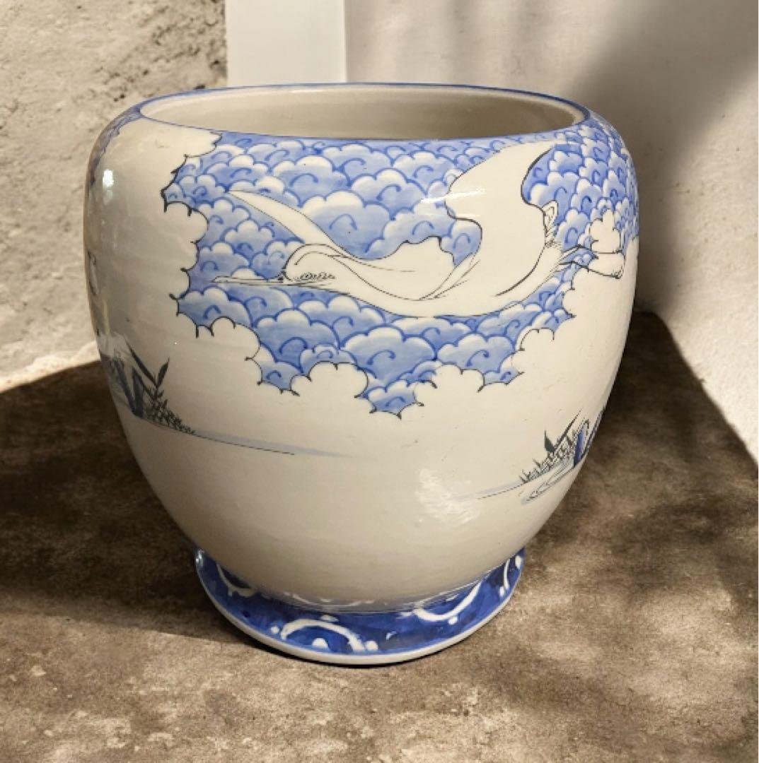 旧家蔵出し品　古伊万里　火鉢　瑞雲　空を舞う鶴　灰付