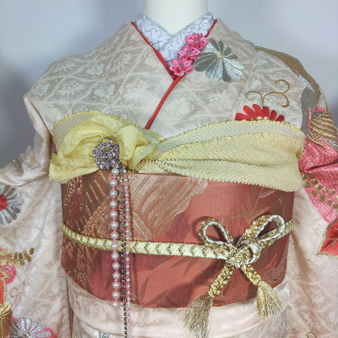 格安！　振袖フルセット　9点　成人式　結婚式　前撮り　白　ピンク　総刺繍　絞り柄