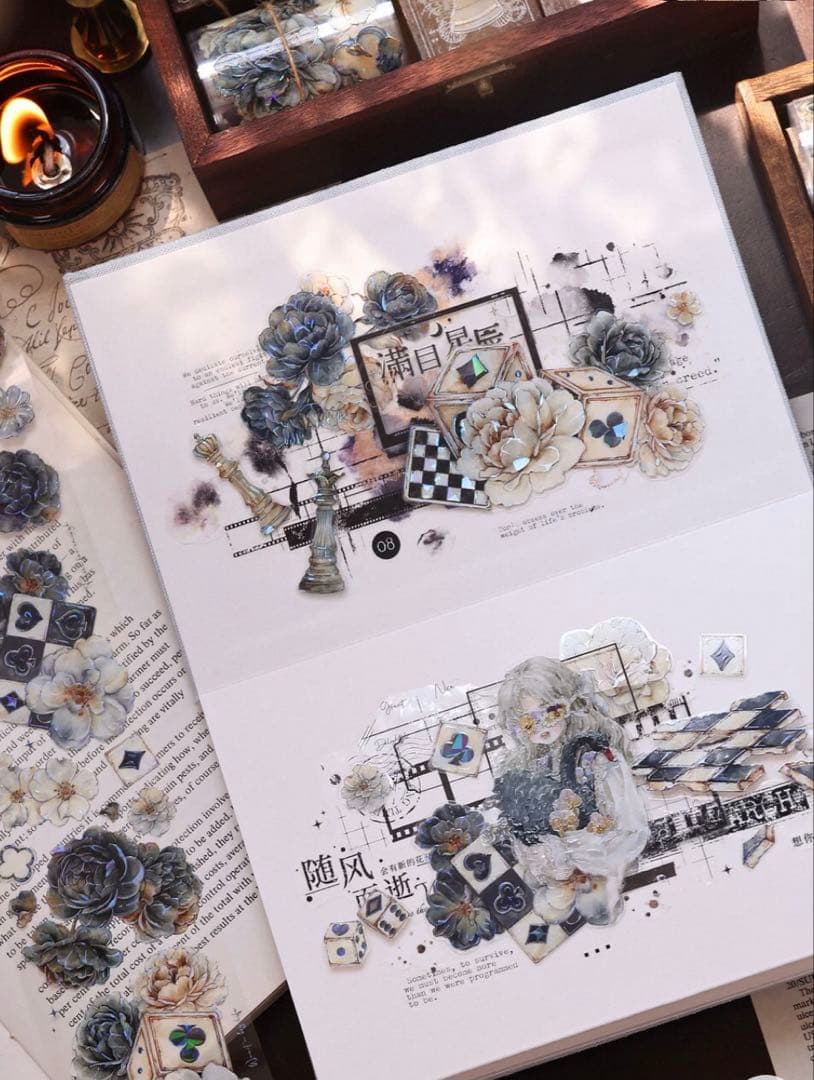 贝壳光 6cm×6m 黑白奕梦 海外マスキングテープ　海外マステ　花　トランプ