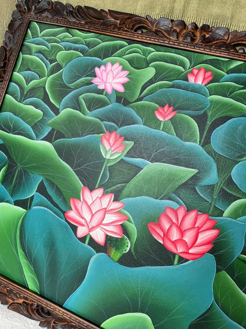 大サイズ！ロータス蓮の花と葉のリアリズム絵画 バリ島インドネシア　アジアン