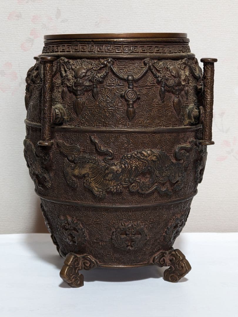 ⭐華道花活け 神獣 双耳亀甲瓔珞文様銅製 大日本文政年整珉鋳 細密鋳金骨董品