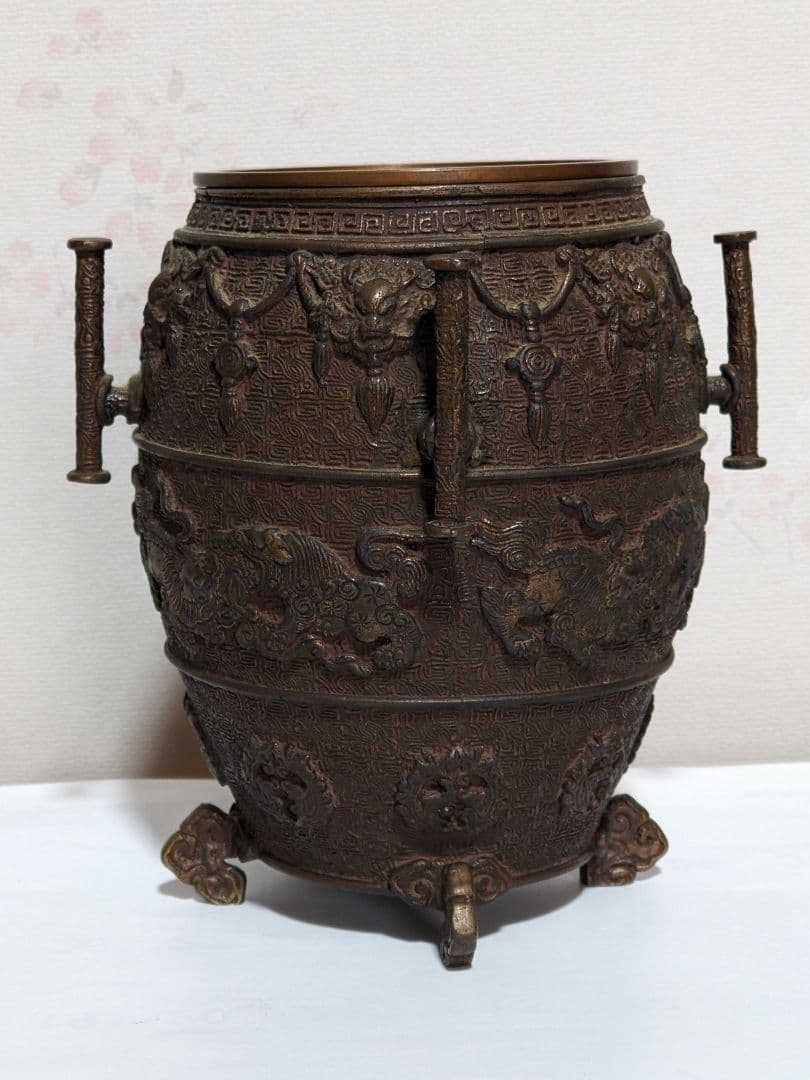 ⭐華道花活け 神獣 双耳亀甲瓔珞文様銅製 大日本文政年整珉鋳 細密鋳金骨董品