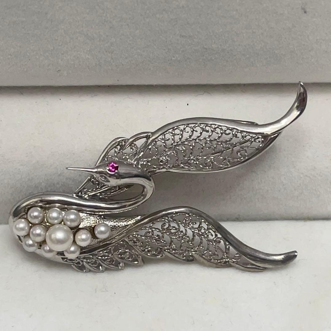 岩倉康二 銀製 白鳥ブローチ＆ペンダントトップ パール/ルビー付き 2way