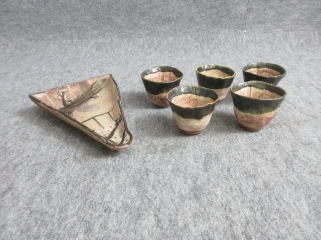 織部焼茶碗5個と扇皿1枚 [B27823]