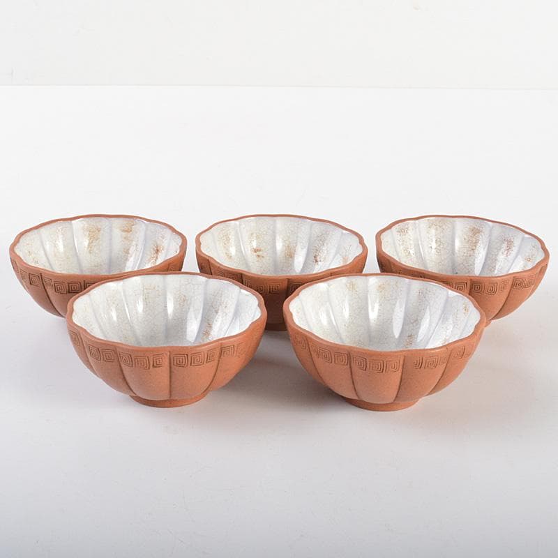 中国　紫砂　朱泥　内白釉　瓜形碗　煎茶器五客　V　R6674E