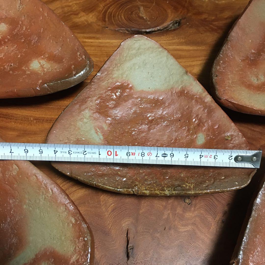 備前焼　緋襷　足つき三角タタキ皿　5客揃　たたき皿