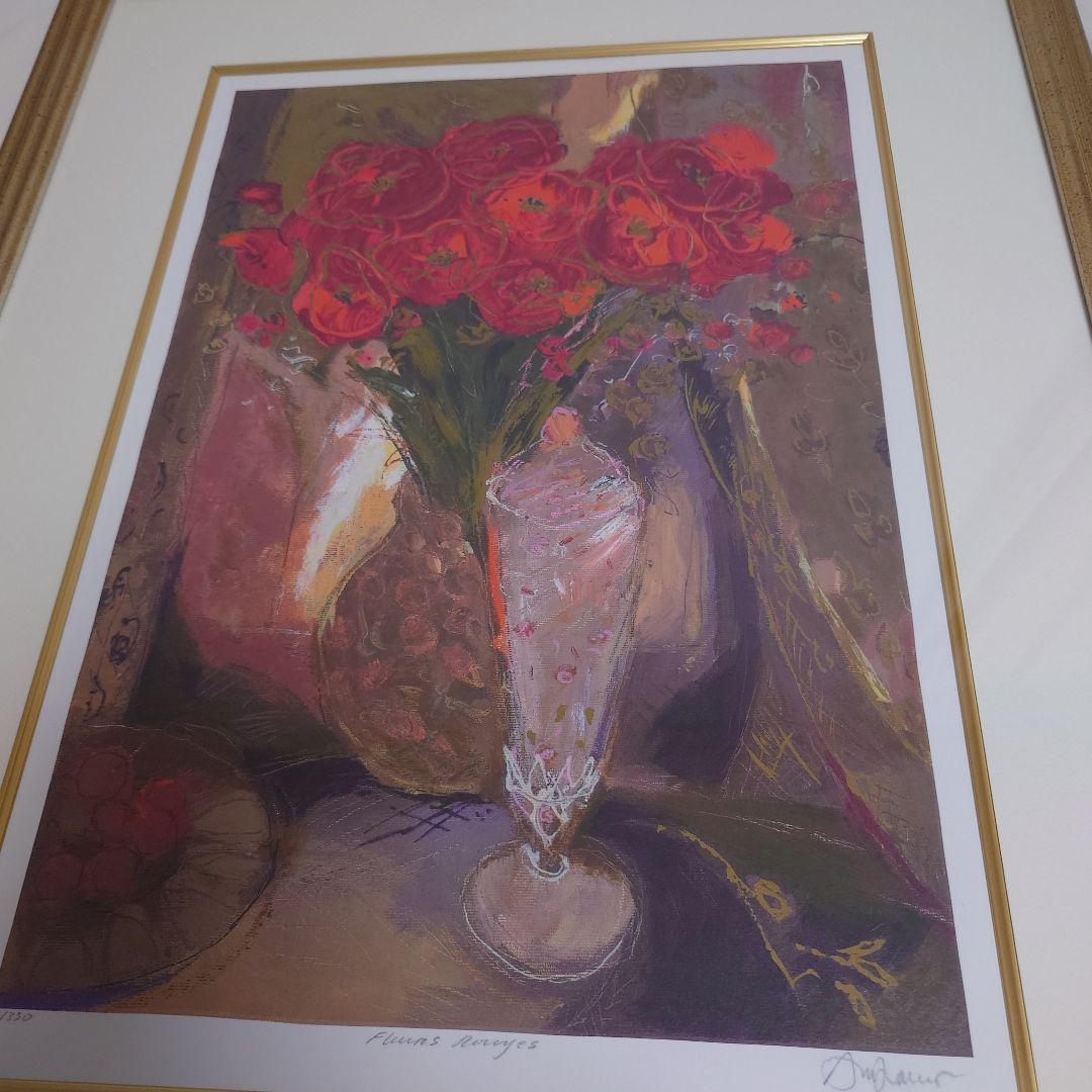 アンドリュープライス　赤いバラ　版画　花　絵画　静物画　花瓶　額入り