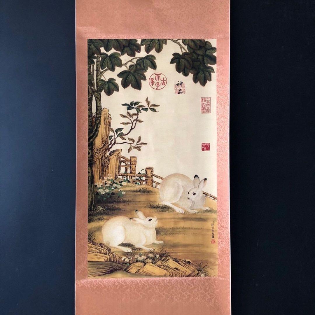 郎世宁 兎図 掛け軸｜三尺中堂｜十二生肖・卯｜表装済み