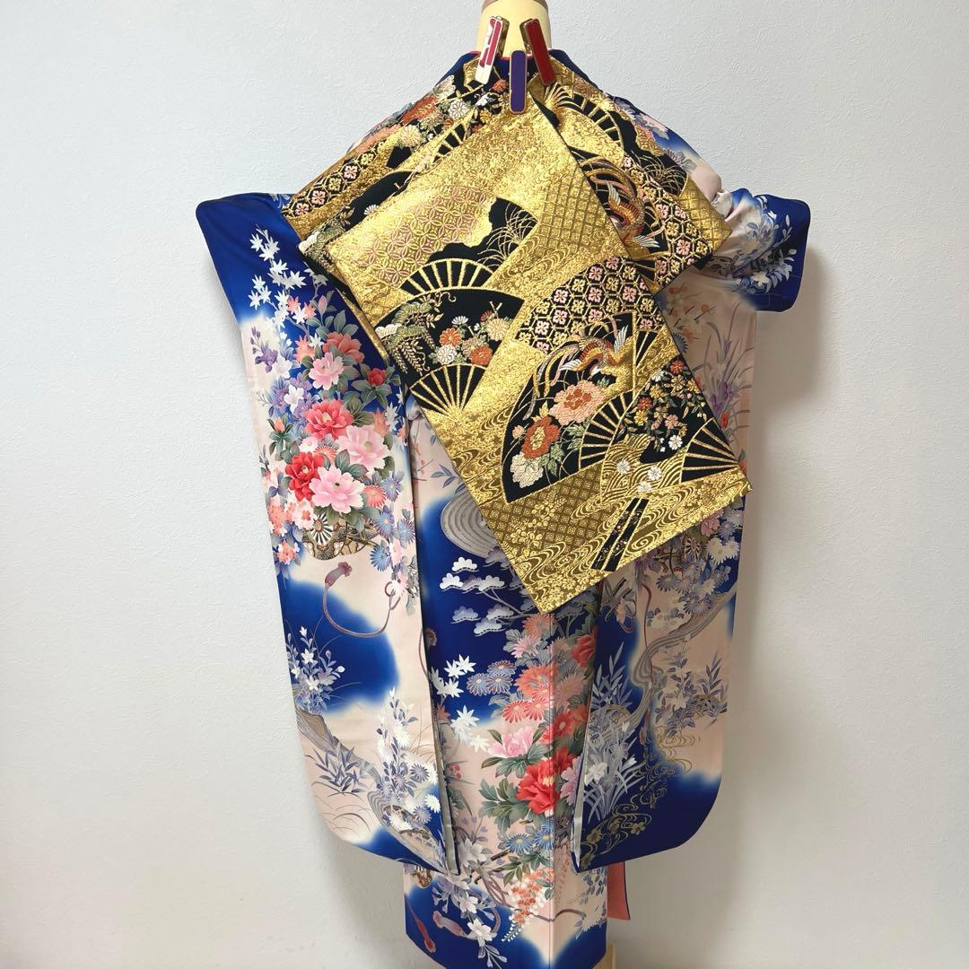419 振袖フルセット 正絹 青 ブルー 金彩 刺繍 暈し染め