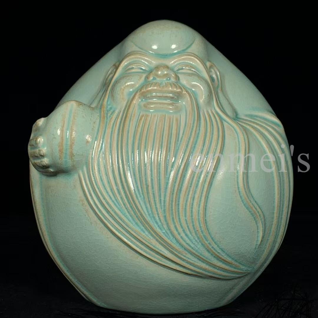 中国古美術・旧蔵品 宋代 汝窯 寿星像 青釉 雨過天青 装飾品・縁起物・文房置物