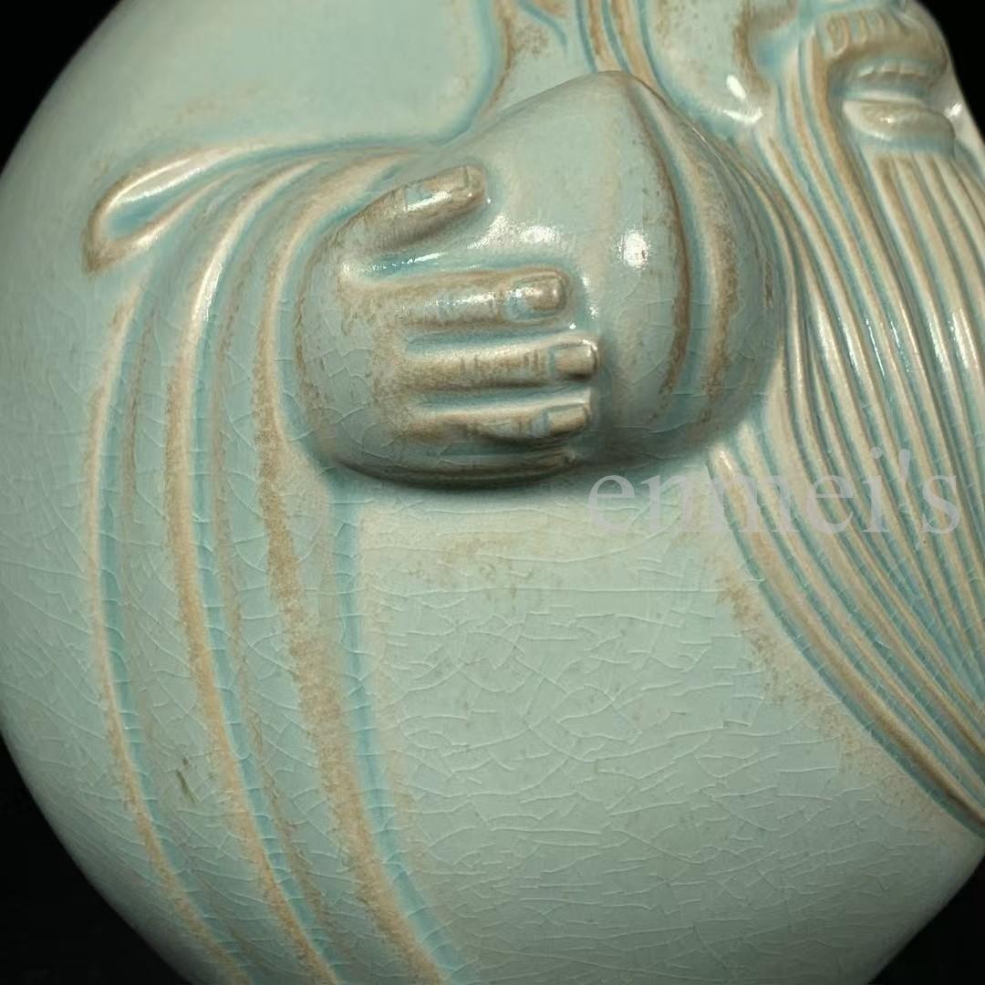 中国古美術・旧蔵品 宋代 汝窯 寿星像 青釉 雨過天青 装飾品・縁起物・文房置物