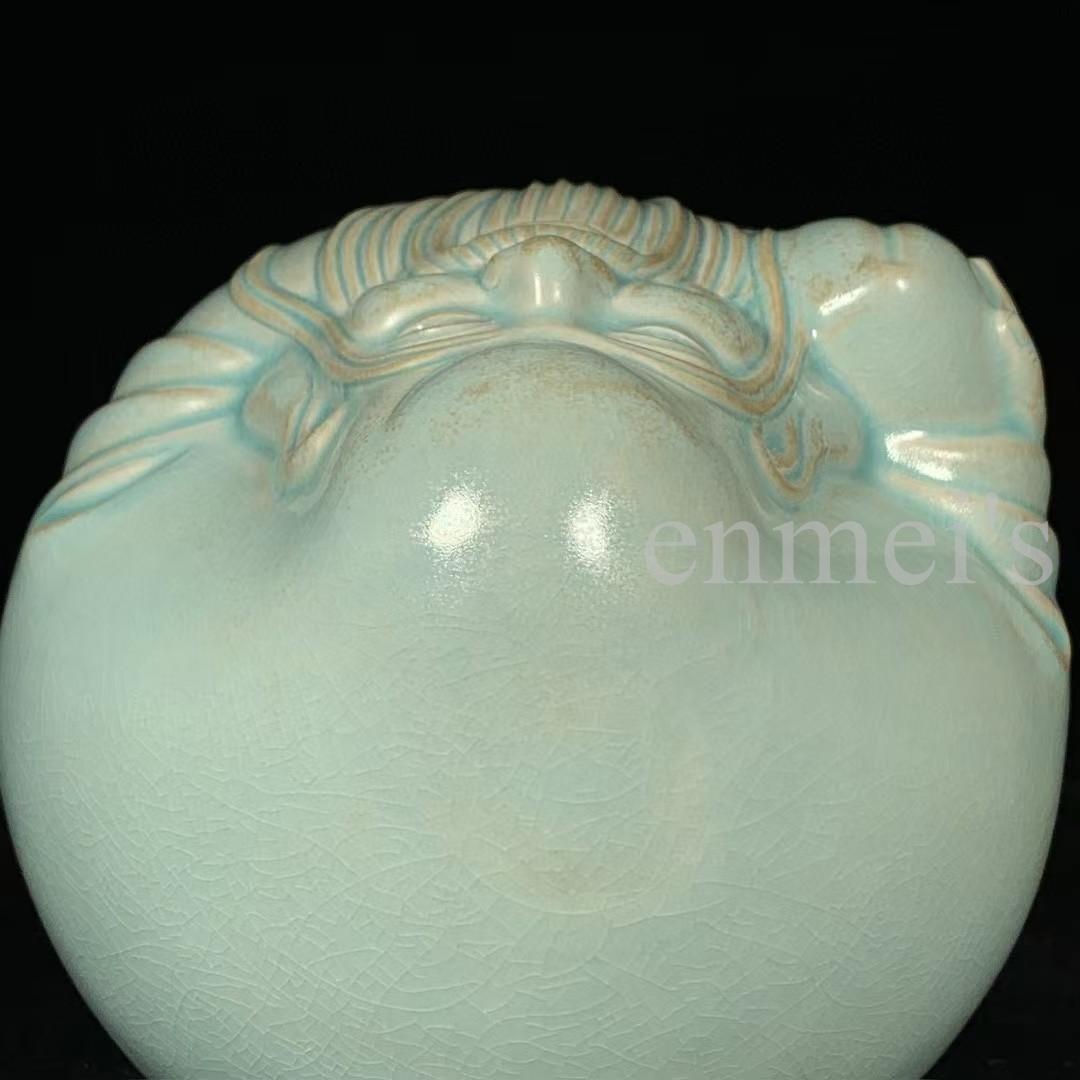 中国古美術・旧蔵品 宋代 汝窯 寿星像 青釉 雨過天青 装飾品・縁起物・文房置物