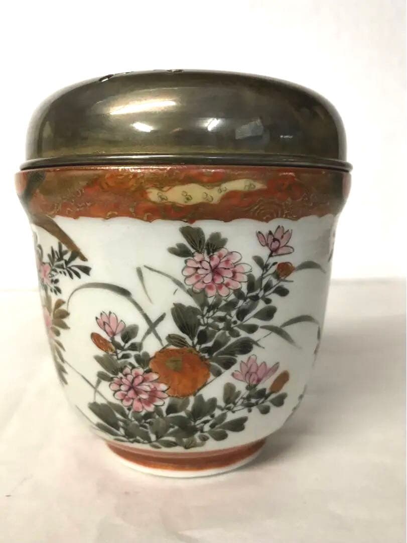 九谷焼:花鳥図銀火屋付香炉