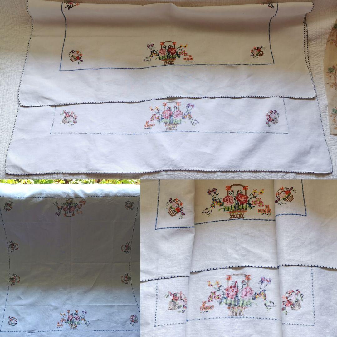 アンティーク英国手織リネン クロスステッチ薔薇花籠刺繍ニードルワーク 青枠クロス