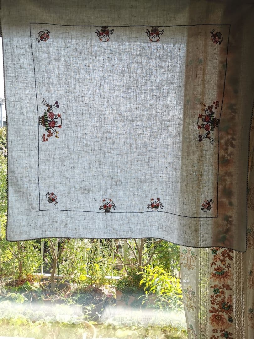 アンティーク英国手織リネン クロスステッチ薔薇花籠刺繍ニードルワーク 青枠クロス