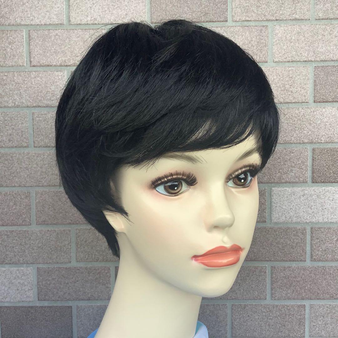 人毛100% 手植えフルウィッグ 医療ウィッグ ショートカール ブラック