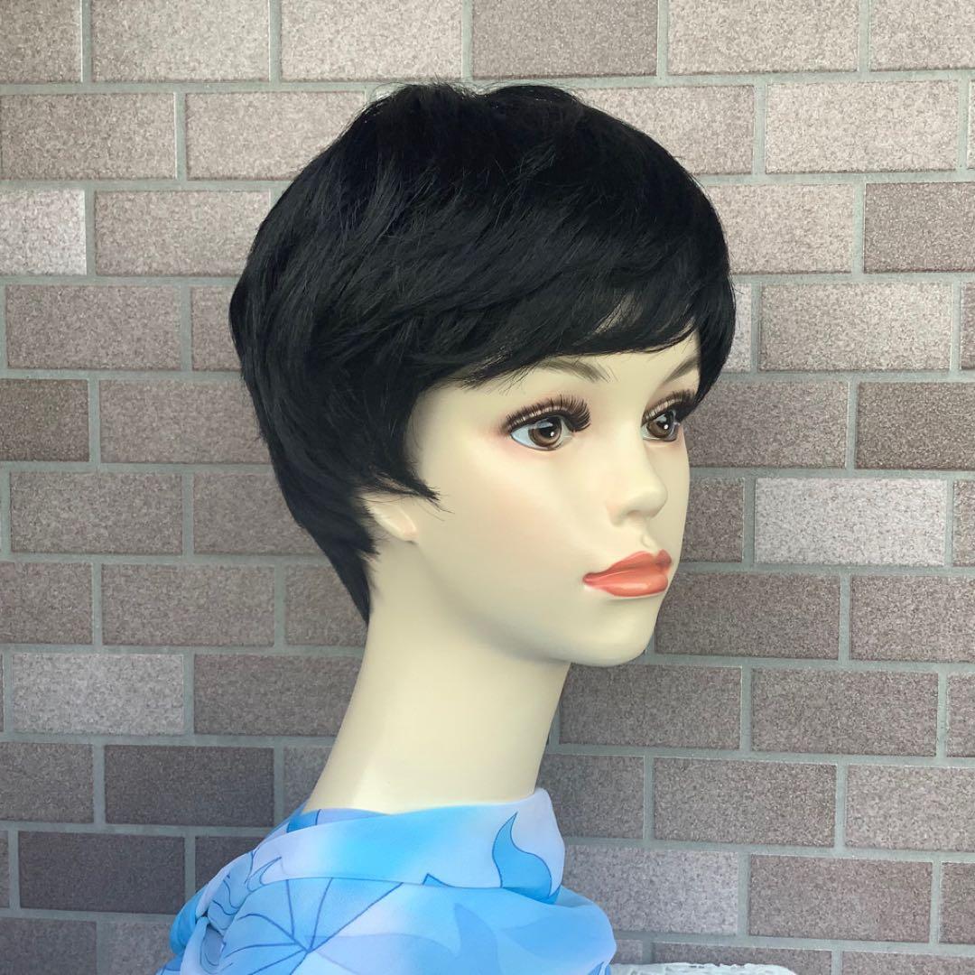 人毛100% 手植えフルウィッグ 医療ウィッグ ショートカール ブラック