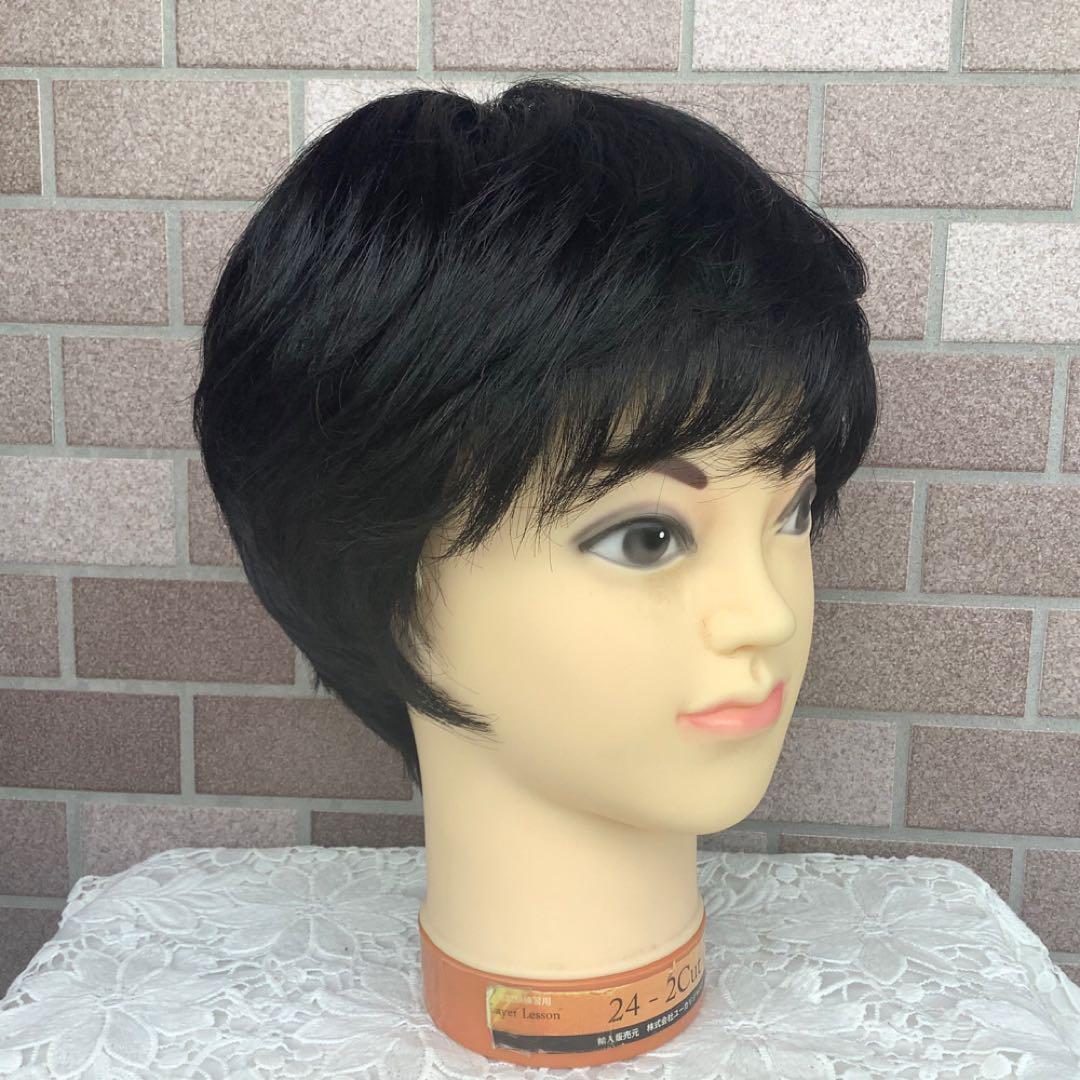 人毛100% 手植えフルウィッグ 医療ウィッグ ショートカール ブラック