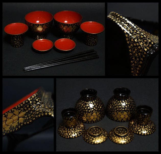 明治期 金蒔絵『牡丹唐草文』小型 木製御懸盤 一対 共箱☆時代物☆