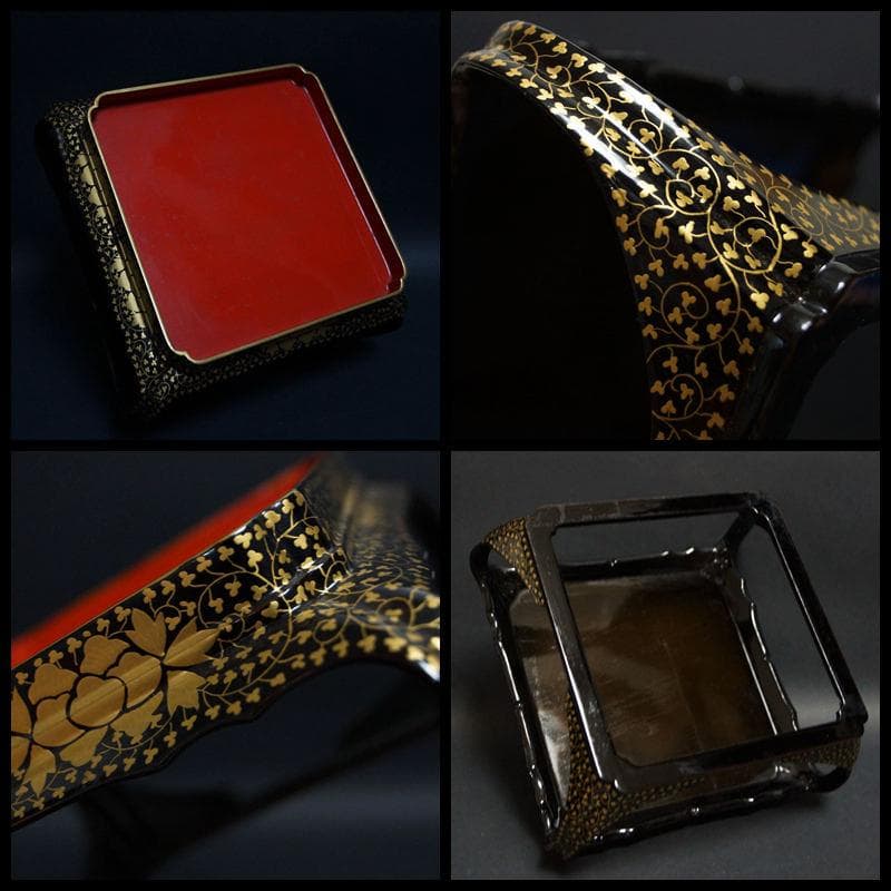 明治期 金蒔絵『牡丹唐草文』小型 木製御懸盤 一対 共箱☆時代物☆