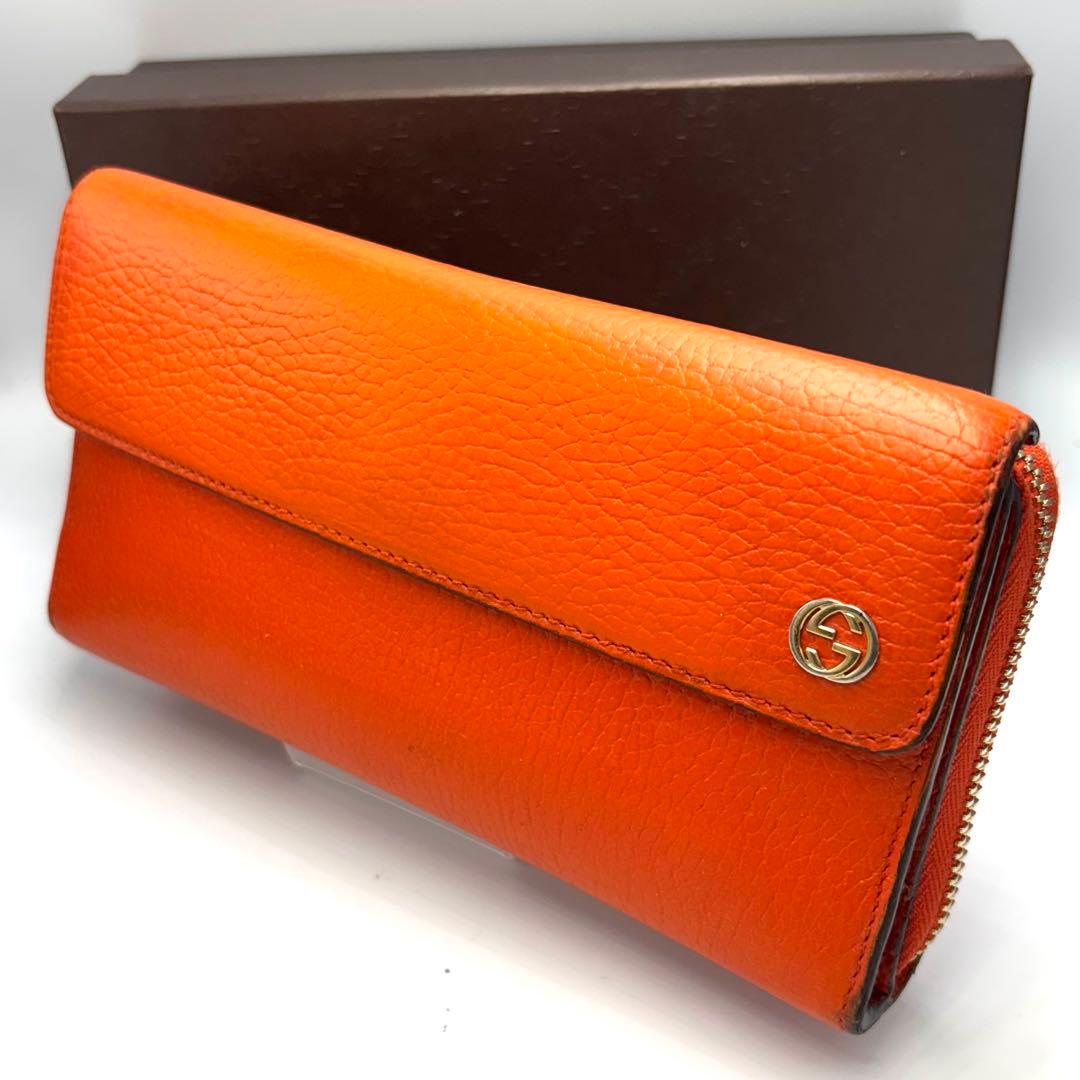 GUCCI グッチ 長財布 オレンジ レザー GGロゴ フラップ 箱付き