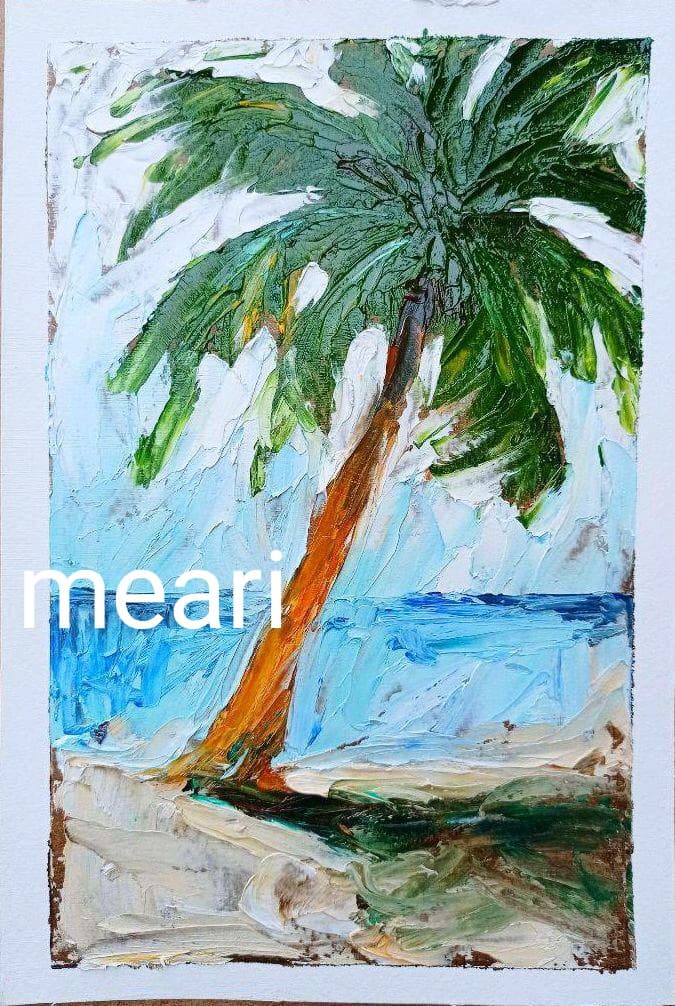 南国　ヤシの木　原画　オリジナル　トロピカル　手描き　油絵