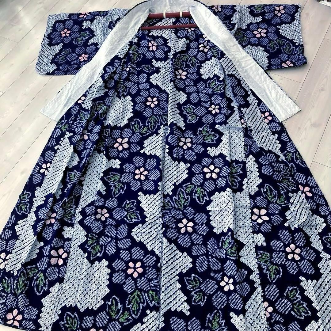 みっちん。 有松鳴海絞り浴衣・蜘蛛絞り 花模様　手縫い 広襟　No.-66