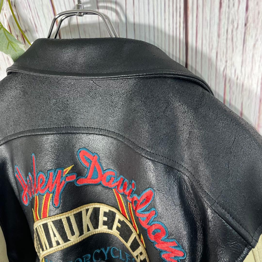 【希少】ハーレーダビッドソンレザージャケットシングルライダースヴィンテージ　刺繍