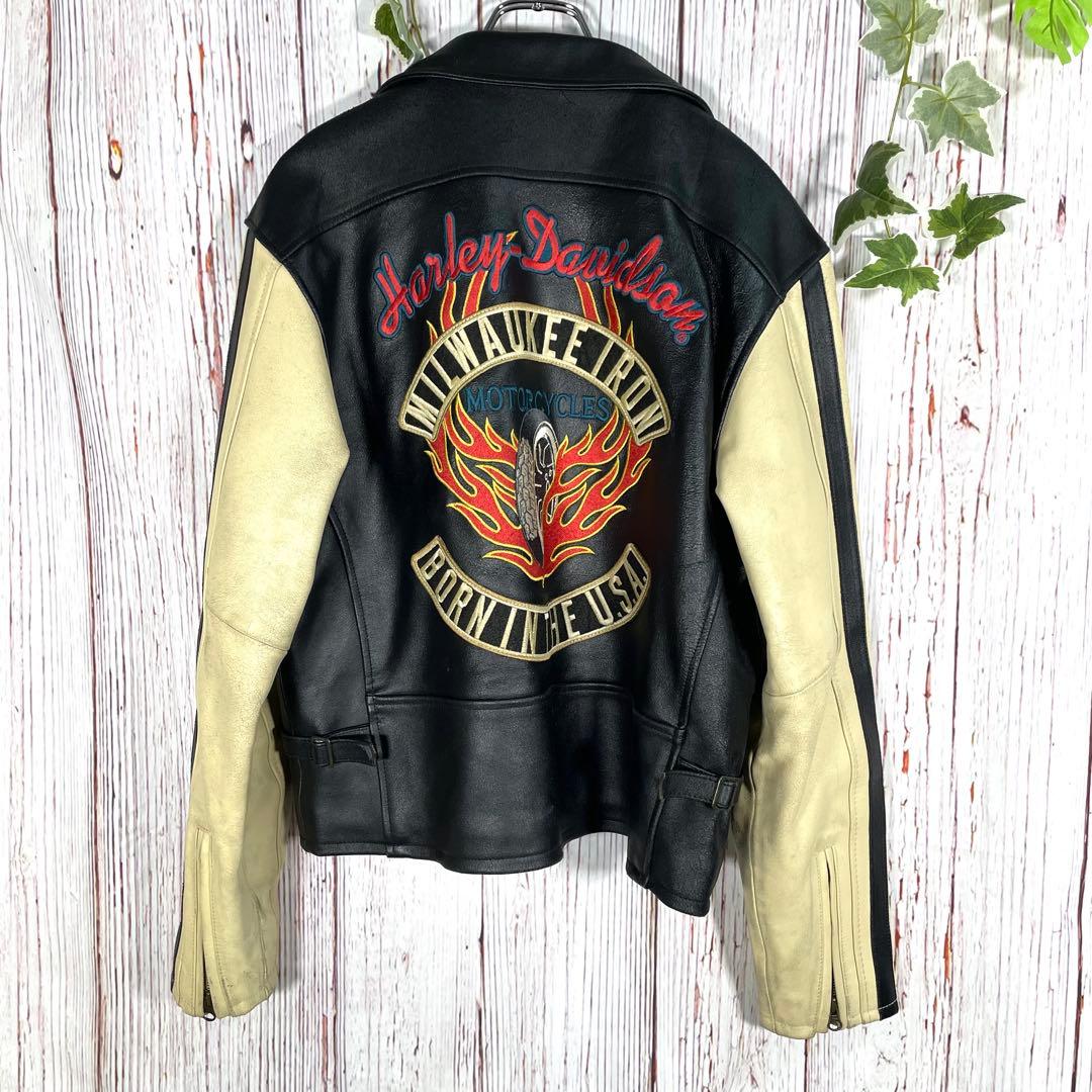【希少】ハーレーダビッドソンレザージャケットシングルライダースヴィンテージ　刺繍