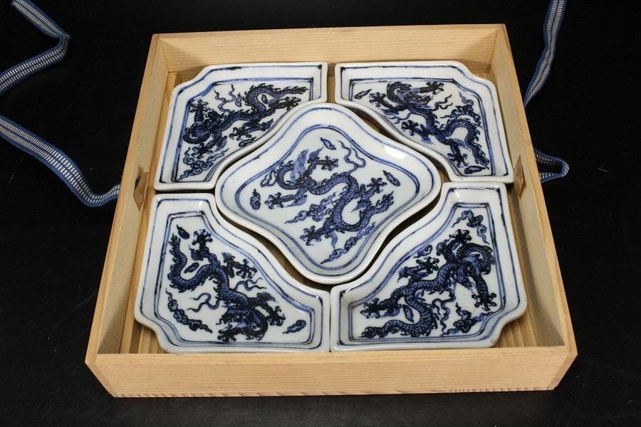 中国美術 青花 雲龍紋 組皿 新渡 皿 五件 送料無料