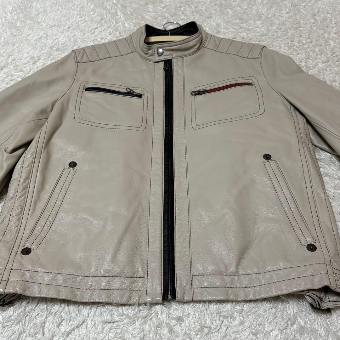 極美品　G-STAGE シングルライダースジャケット ライトグレー　羊革　M