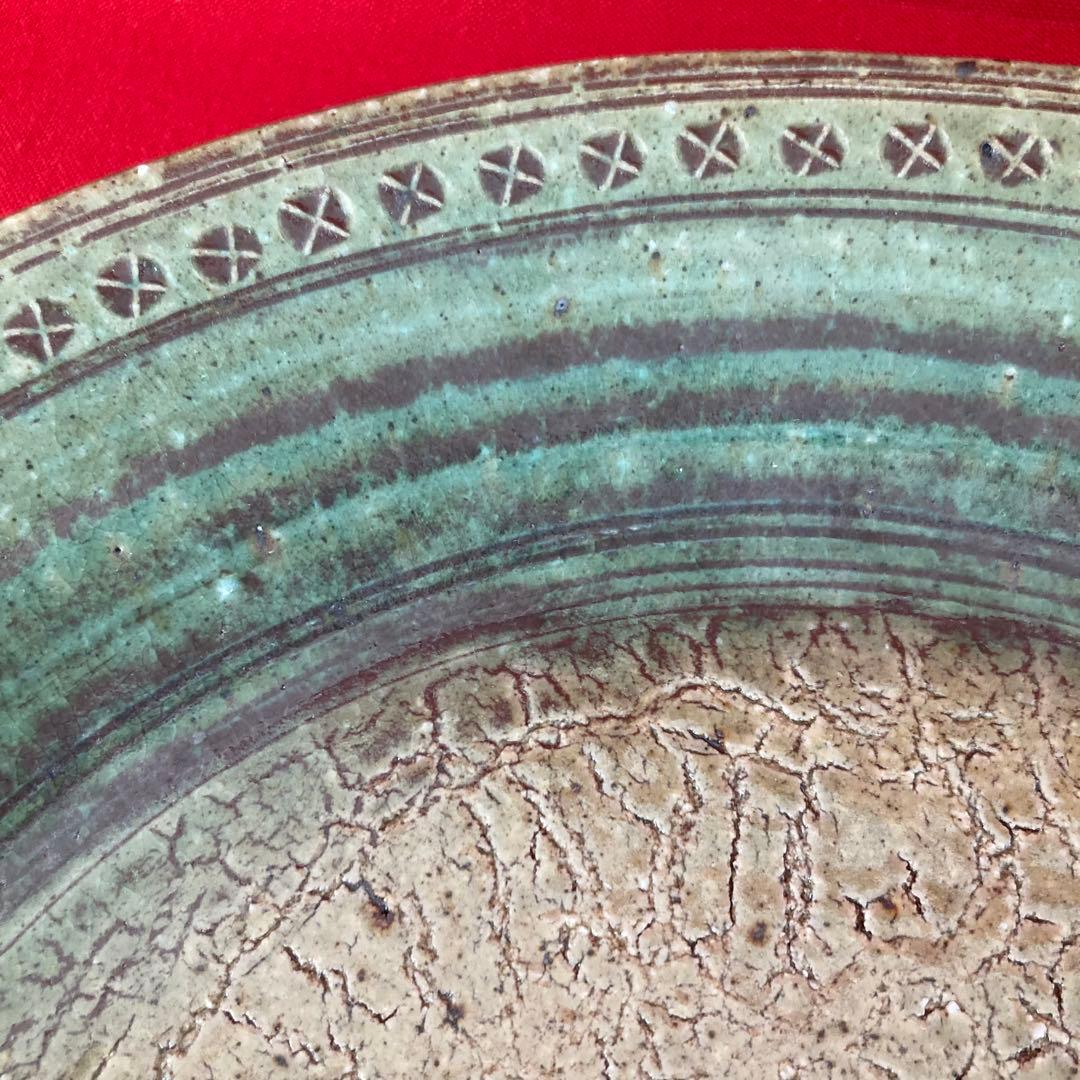 最終値下げ★永見鴻人作　迫力ある 大皿　印花文緑釉板造皿　陶芸　飾り皿　骨董品