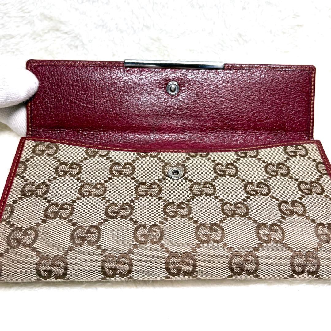 美品 GUCCI グッチ GGキャンバス レザー Wホック 長財布 ボルドー