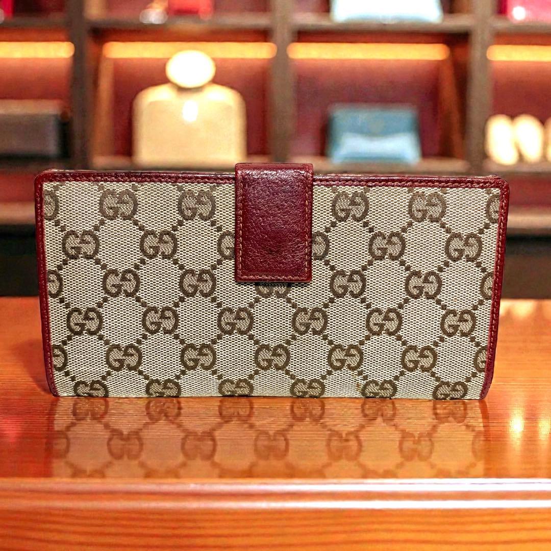 美品 GUCCI グッチ GGキャンバス レザー Wホック 長財布 ボルドー