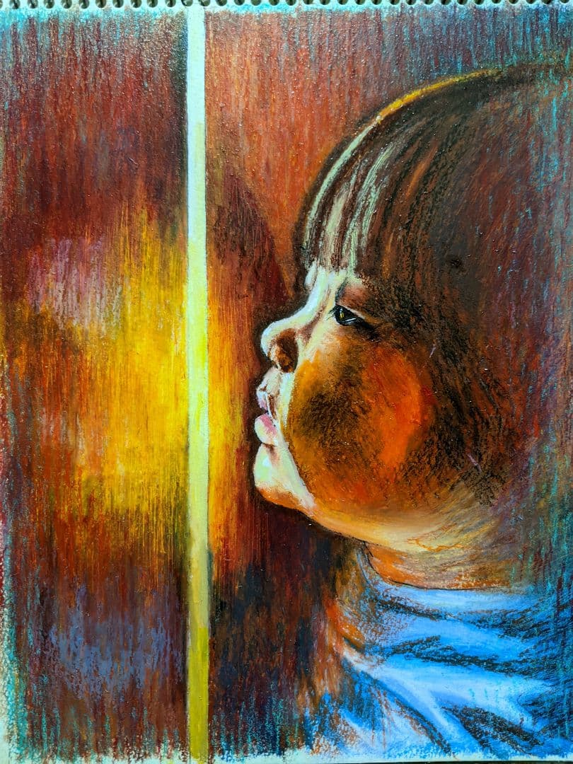 オイルパステル画「見守り」