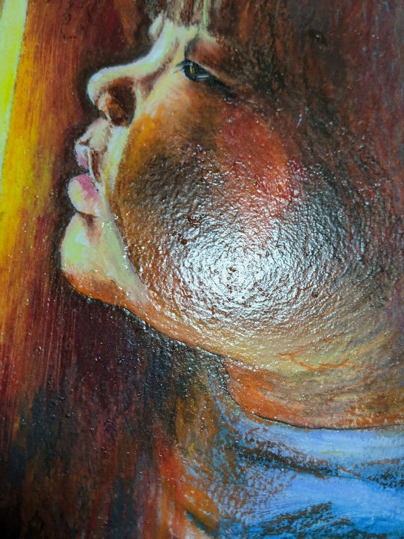 オイルパステル画「見守り」